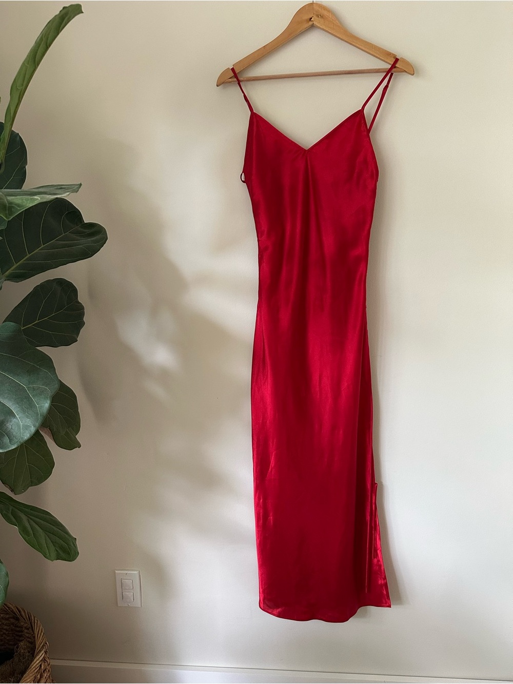 Vtg 90s Victoria's Secret Red Satin Slip Maxi Dress Lace Side Adjustable Sz S